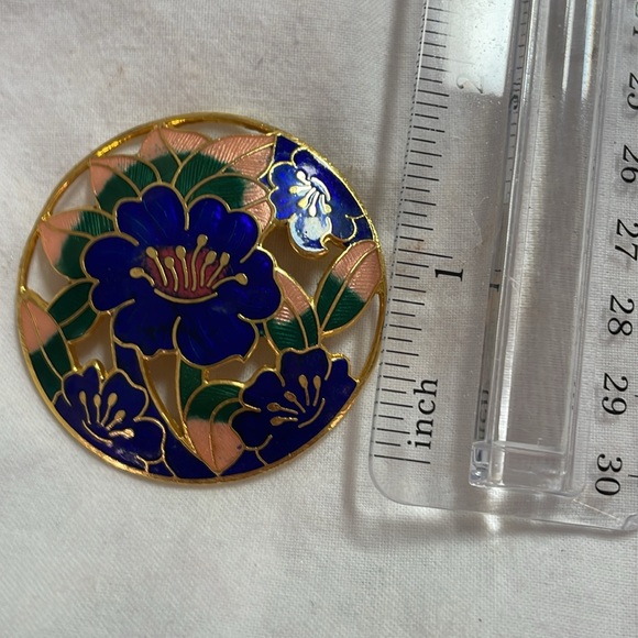 Vintagee cloisionne round blue floral large brooch pin pristine condition - Picture 4 of 4